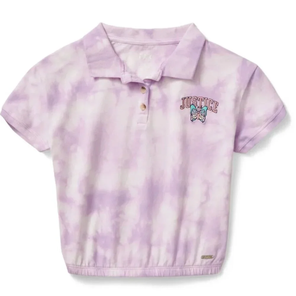 JUSTICE Polo Tie-Dye Purple Cinch Bottom Shirt GIRLS SIZE M 10 NEW